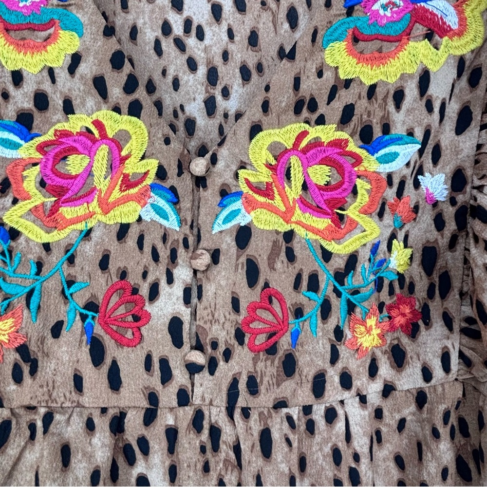 Oddi Leopard Print Blouse Boho Size Small Embroidered Size Small Long Sleeve - Picture 4 of 6